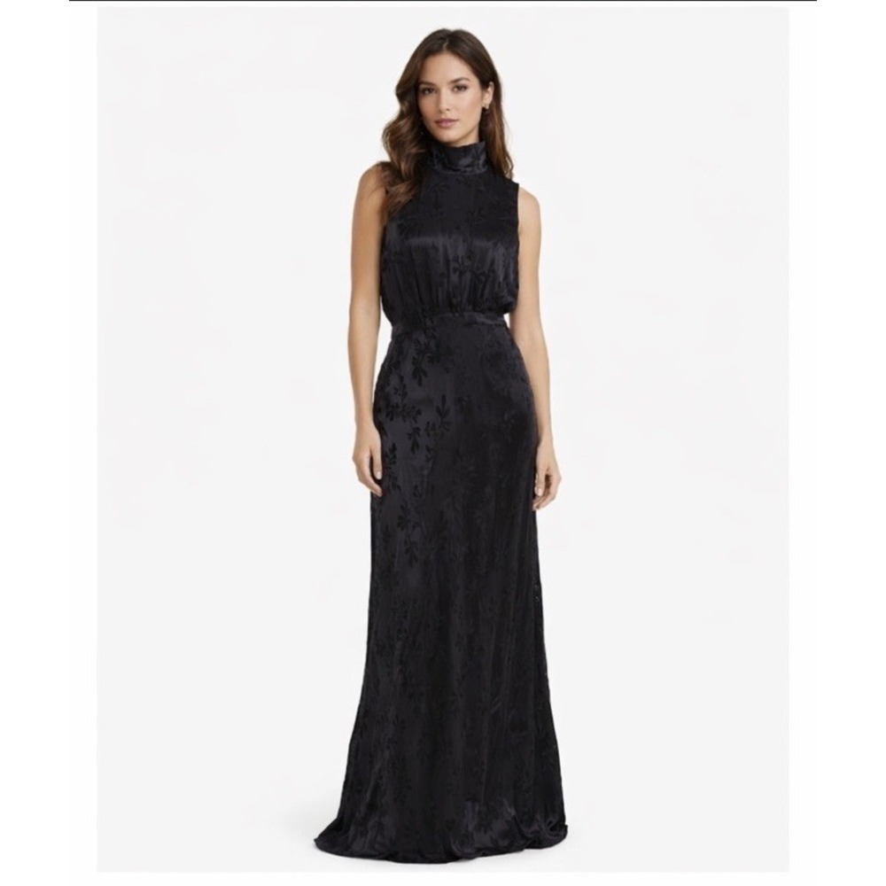 Saloni Black Mock Neck Sleeveless Maxi Dress Floral Jacquard Evening Gown US 4